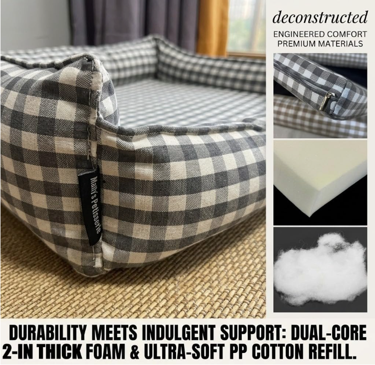 Gingham Dog Bed for Small Dogs with Washable Removable Cover, Supportive Sponge Base, Bolsters