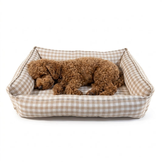 Gingham Dog Bed for Small Dogs with Washable Removable Cover, Supportive Sponge Base, Bolsters